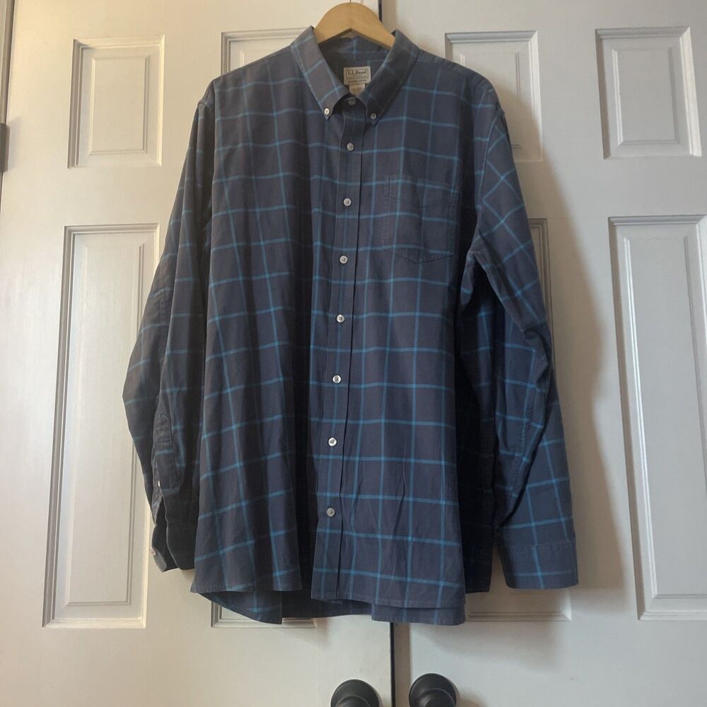 L.L. Bean Men’s Slightly Fitted Navy Stretch Plaid‎ Button Down Shirt XXL Tall